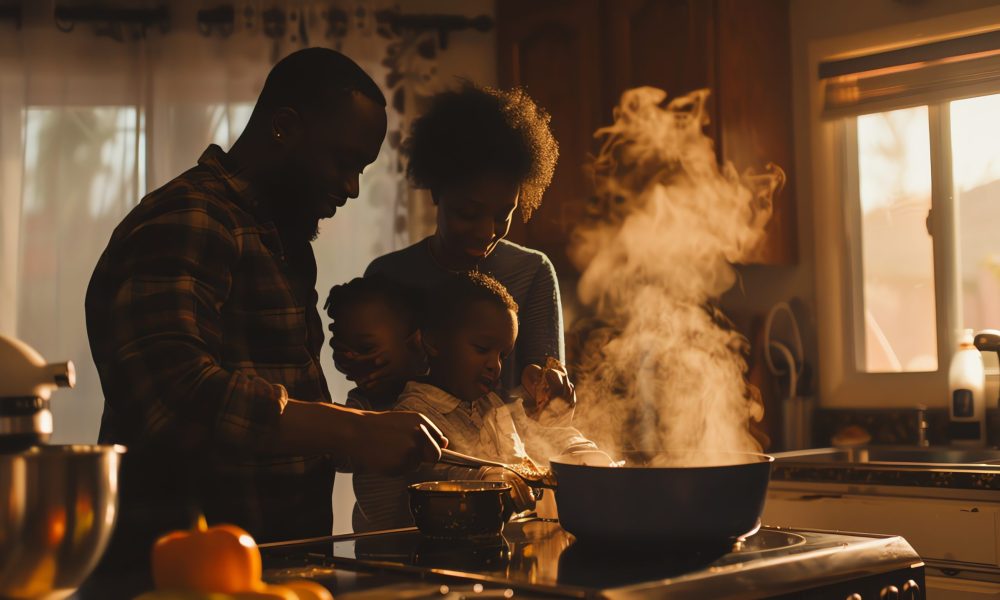 A family of four cooks together in their kitchen, steam rising from the pot.